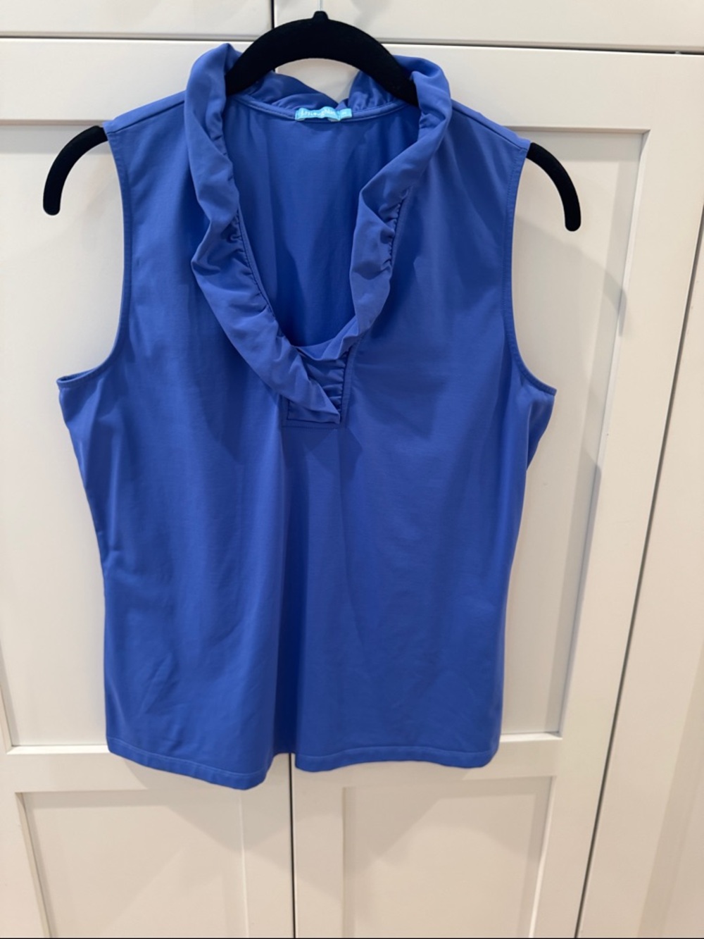 Durham Ruffle V-Neck Sleeveless top in Periwinkle Blue Catalina cloth